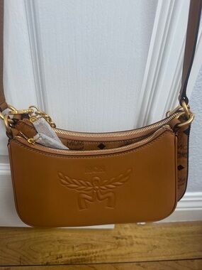 MCM Cognac Brown Leather Double-Pouch Shoulder Bag